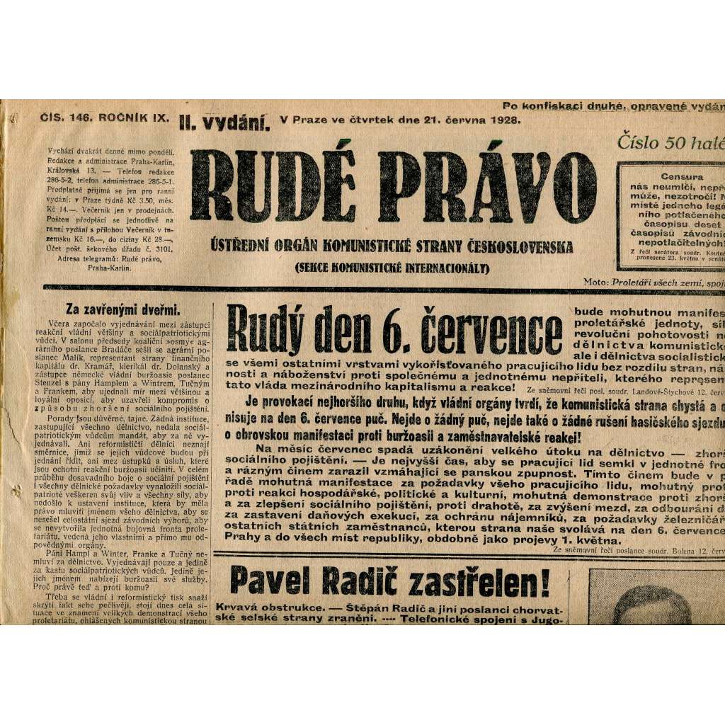 Rudé právo, ročník IX., číslo 146/1928 (1. republika, staré noviny)