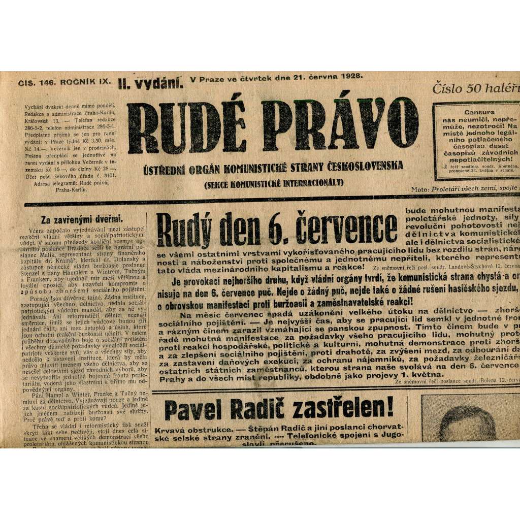 Rudé právo, ročník IX., číslo 146/1928 (1. republika, staré noviny)
