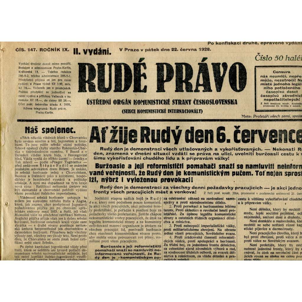 Rudé právo, ročník IX., číslo 147/1928 (1. republika, staré noviny)