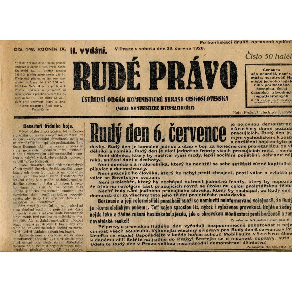 Rudé právo, ročník IX., číslo 148/1928 (1. republika, staré noviny)