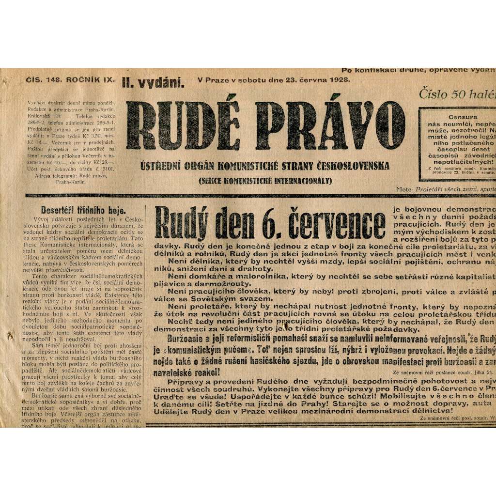 Rudé právo, ročník IX., číslo 148/1928 (1. republika, staré noviny)