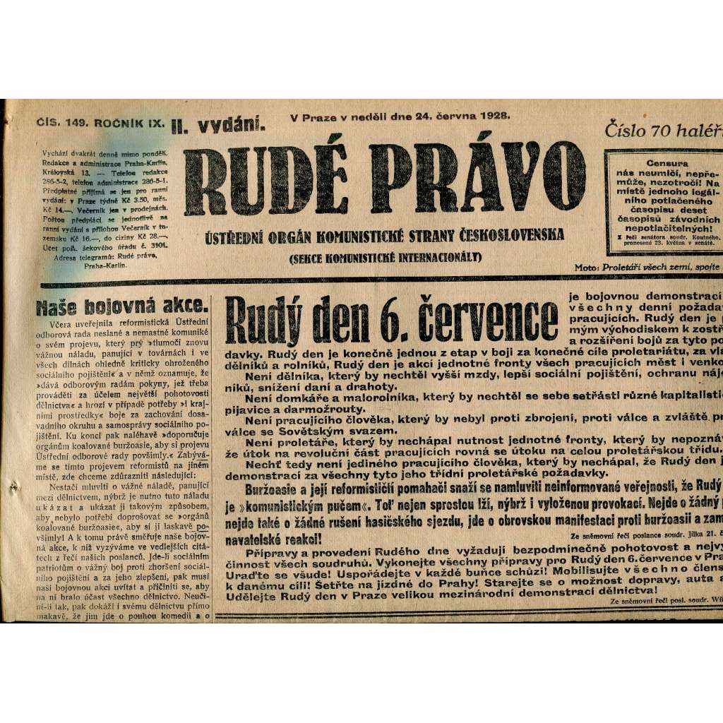 Rudé právo, ročník IX., číslo 149/1928 (1. republika, staré noviny)
