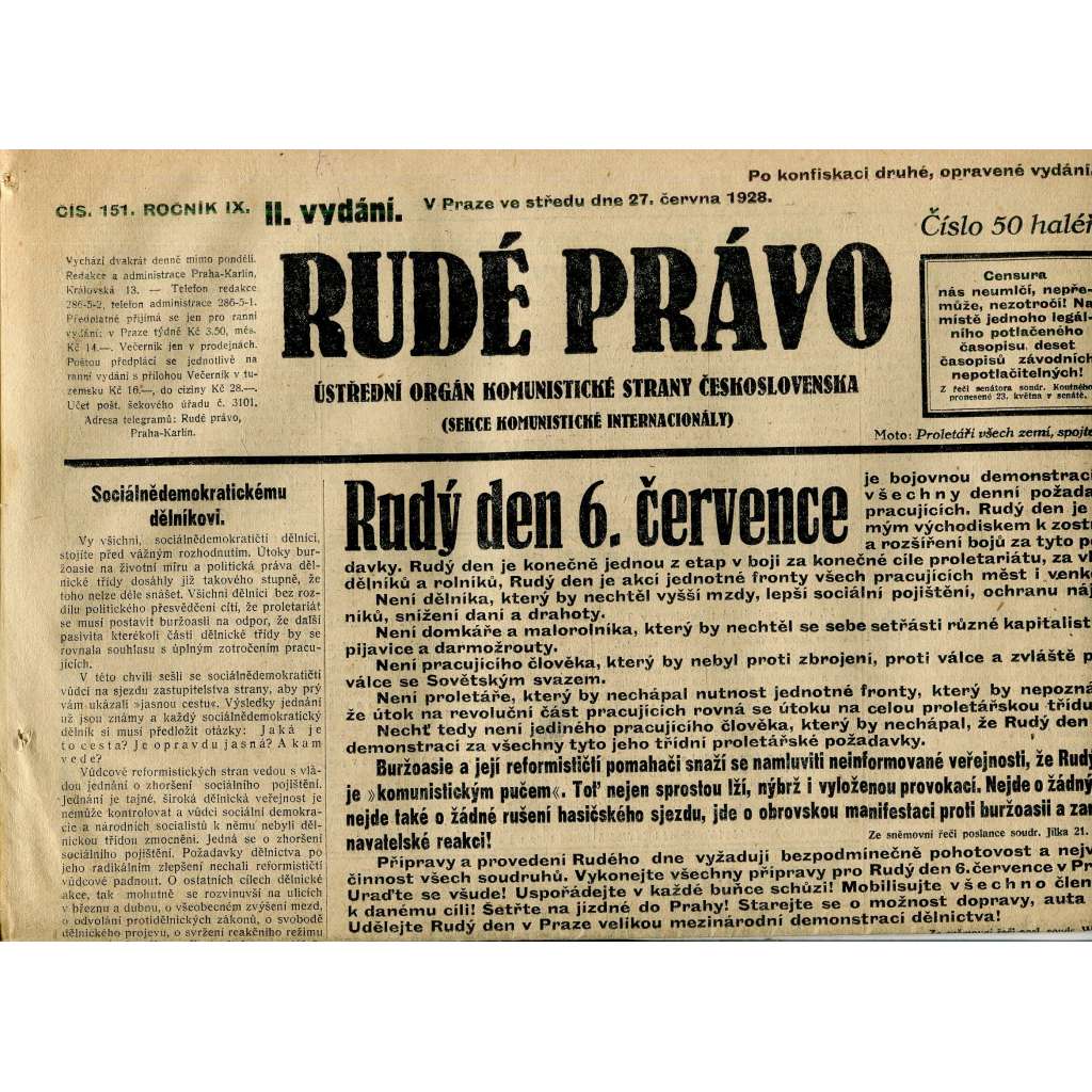Rudé právo, ročník IX., číslo 151/1928 (1. republika, staré noviny)