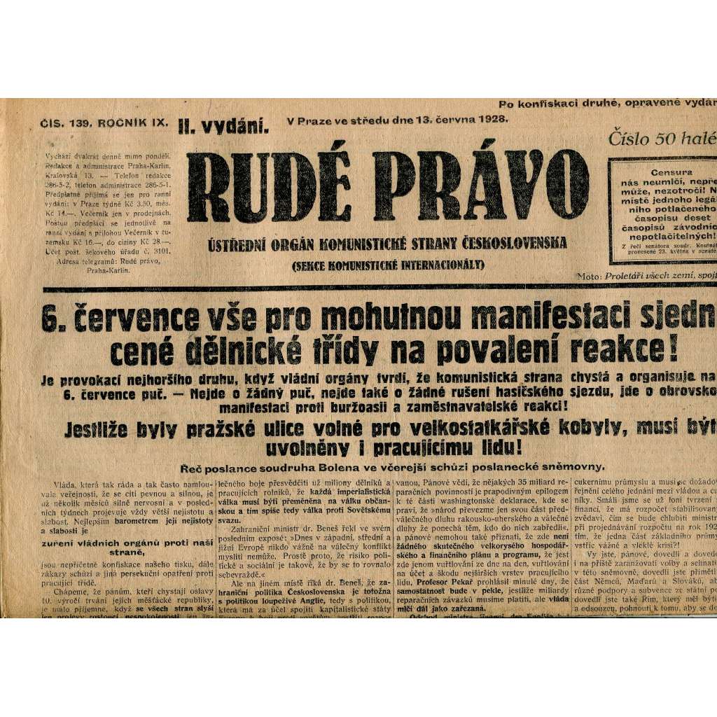 Rudé právo, ročník IX., číslo 139/1928 (1. republika, staré noviny)