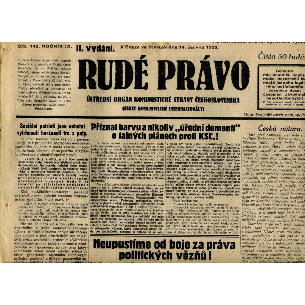 Rudé právo, ročník IX., číslo 140/1928 (1. republika, staré noviny)