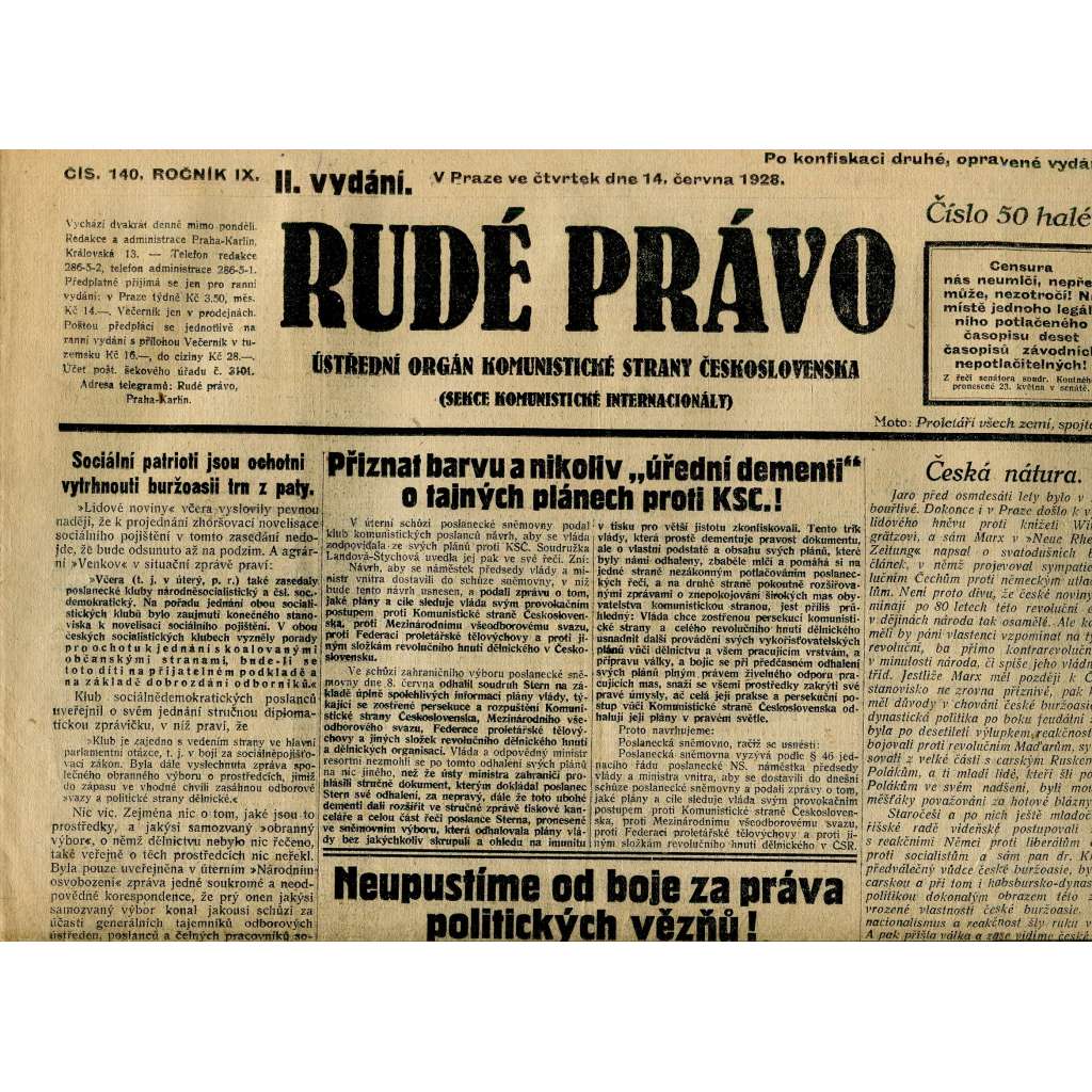 Rudé právo, ročník IX., číslo 140/1928 (1. republika, staré noviny)