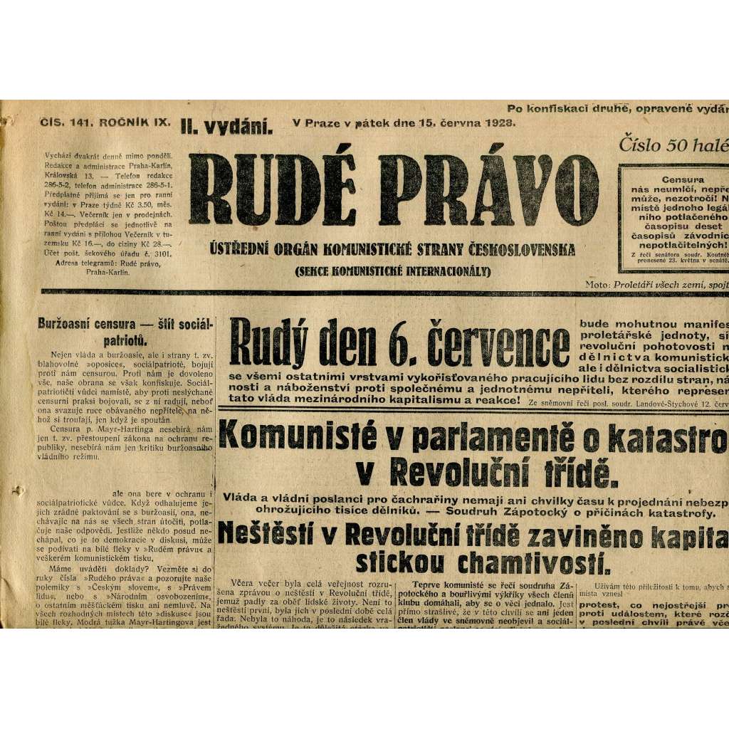 Rudé právo, ročník IX., číslo 141/1928 (1. republika, staré noviny)