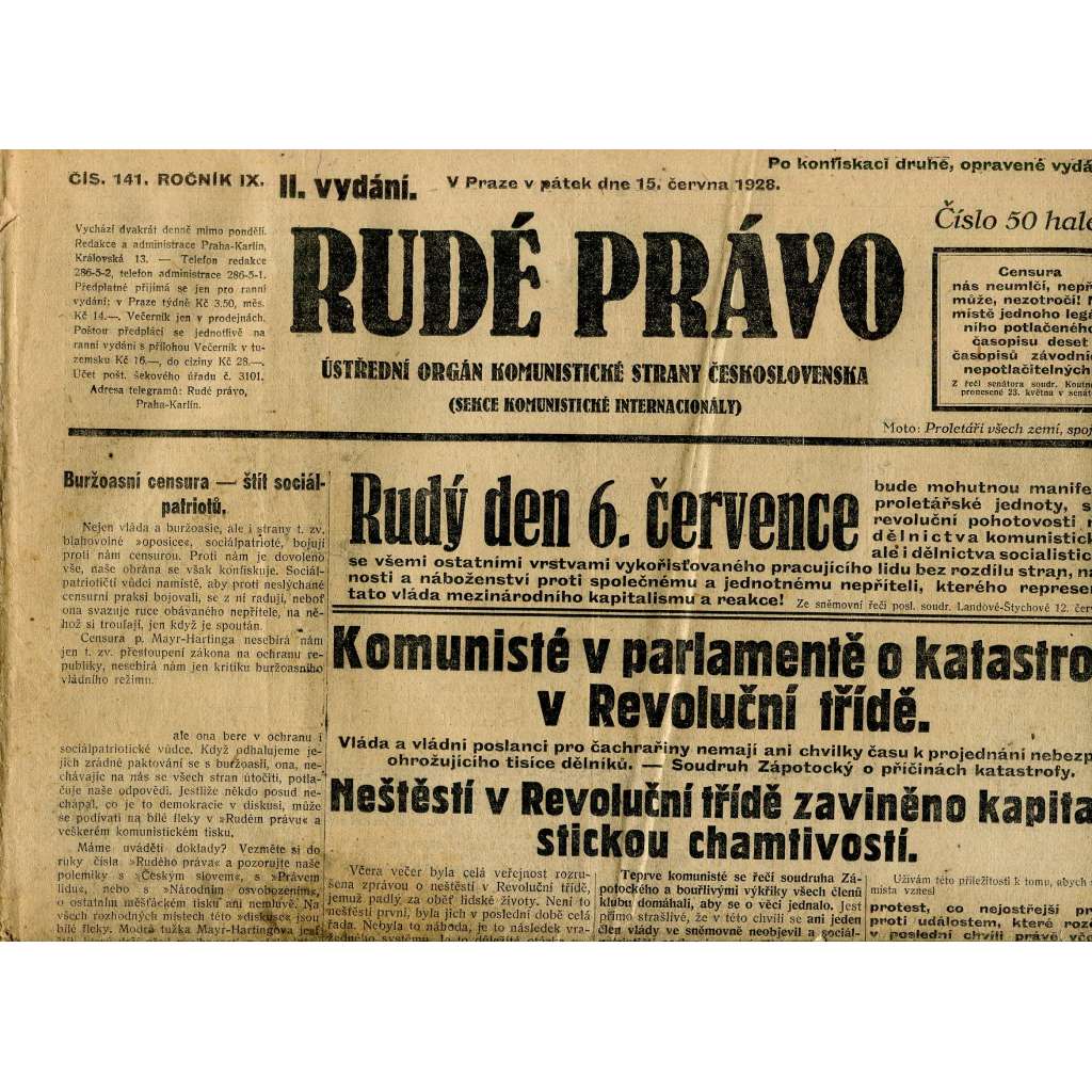 Rudé právo, ročník IX., číslo 141/1928 (1. republika, staré noviny)