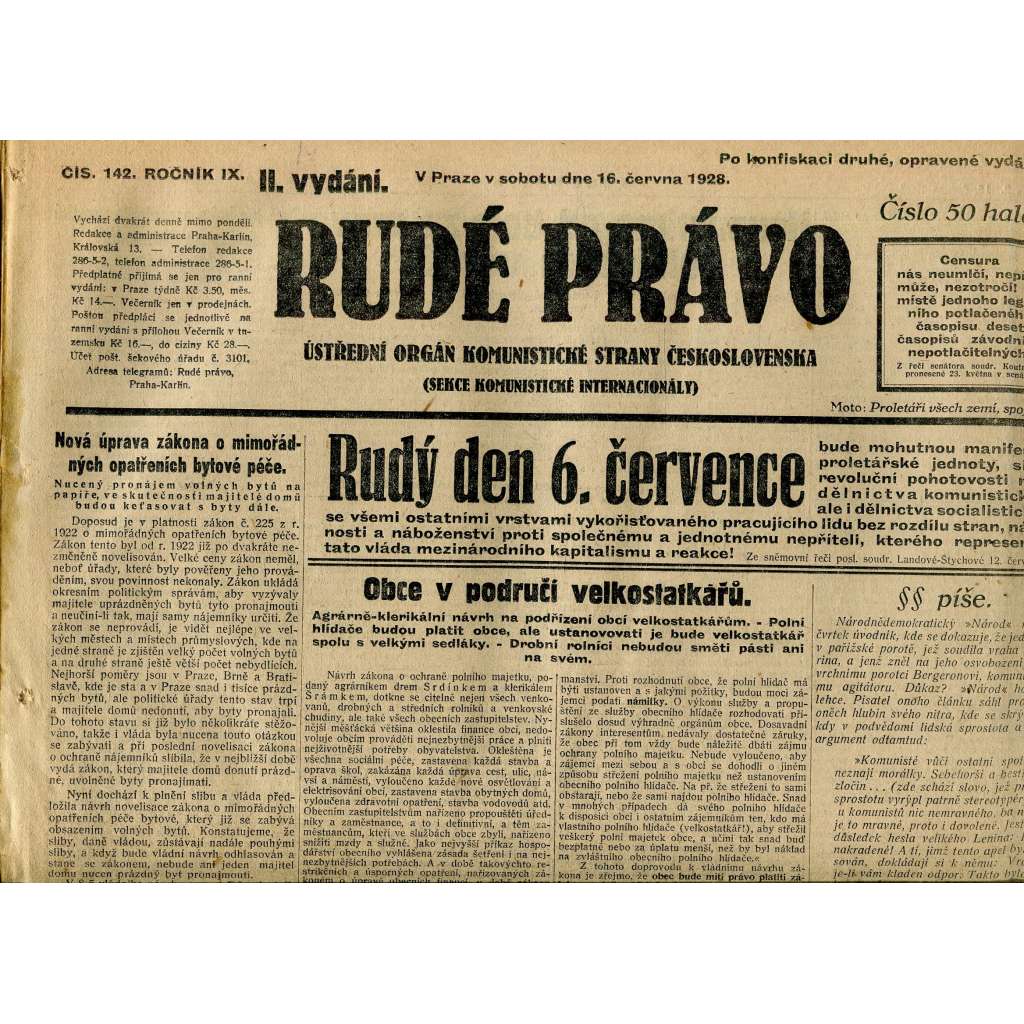 Rudé právo, ročník IX., číslo 142/1928 (1. republika, staré noviny)