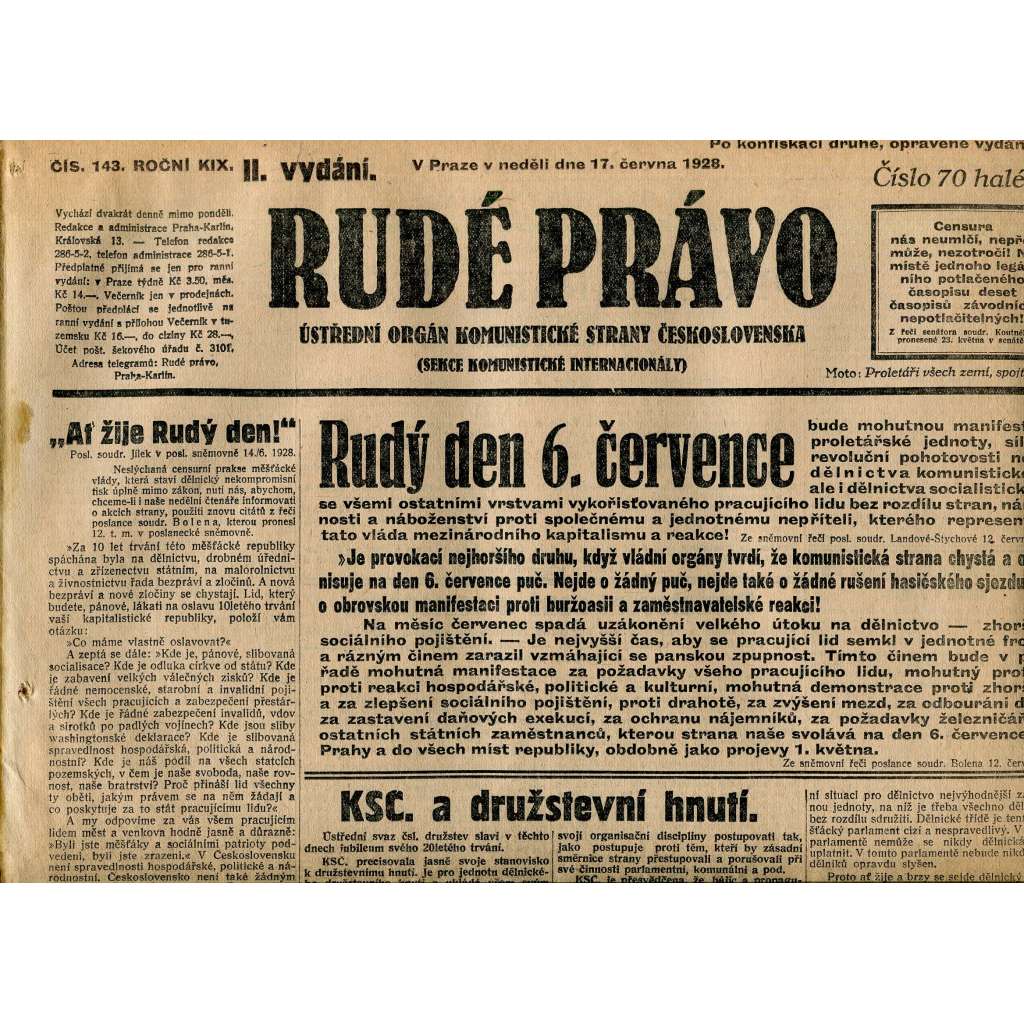 Rudé právo, ročník IX., číslo 143/1928 (1. republika, staré noviny)