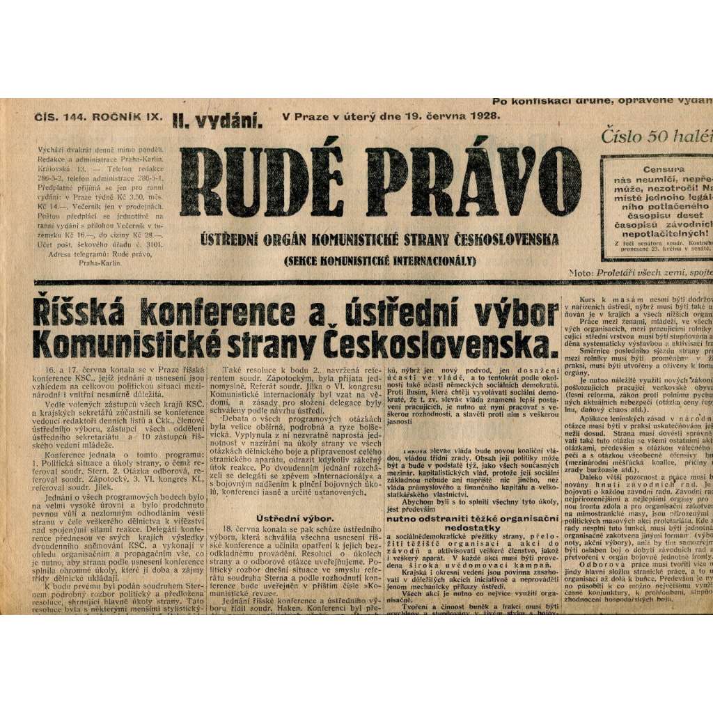 Rudé právo, ročník IX., číslo 144/1928 (1. republika, staré noviny)