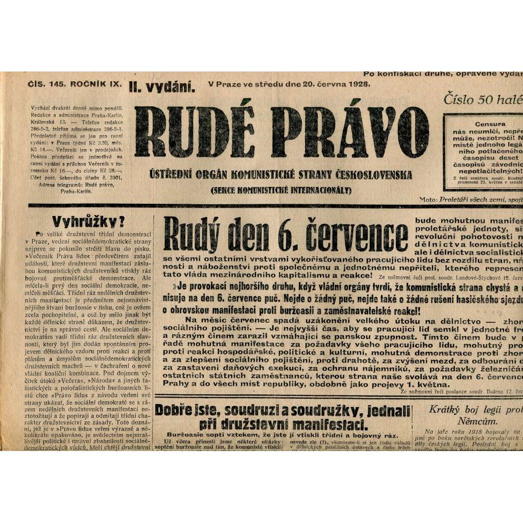Rudé právo, ročník IX., číslo 145/1928 (1. republika, staré noviny)