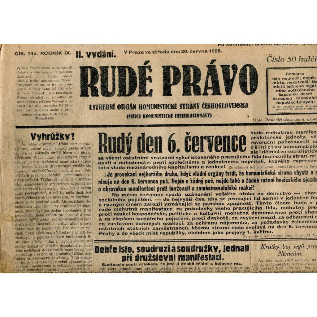 Rudé právo, ročník IX., číslo 145/1928 (1. republika, staré noviny)