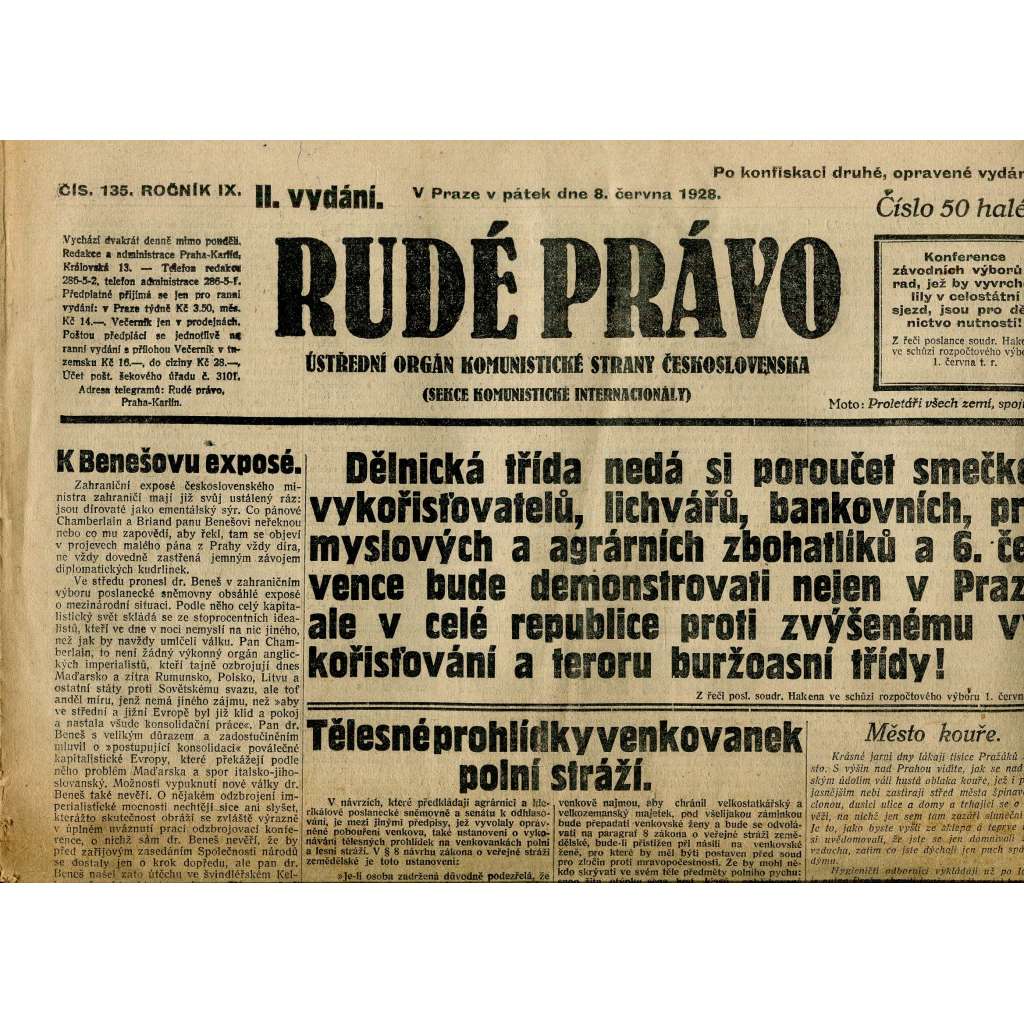 Rudé právo, ročník IX., číslo 135/1928 (1. republika, staré noviny)
