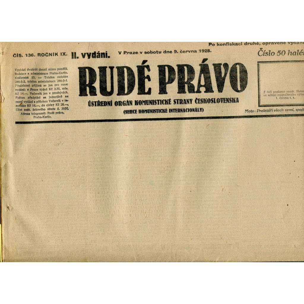 Rudé právo, ročník IX., číslo 136/1928 (1. republika, staré noviny)