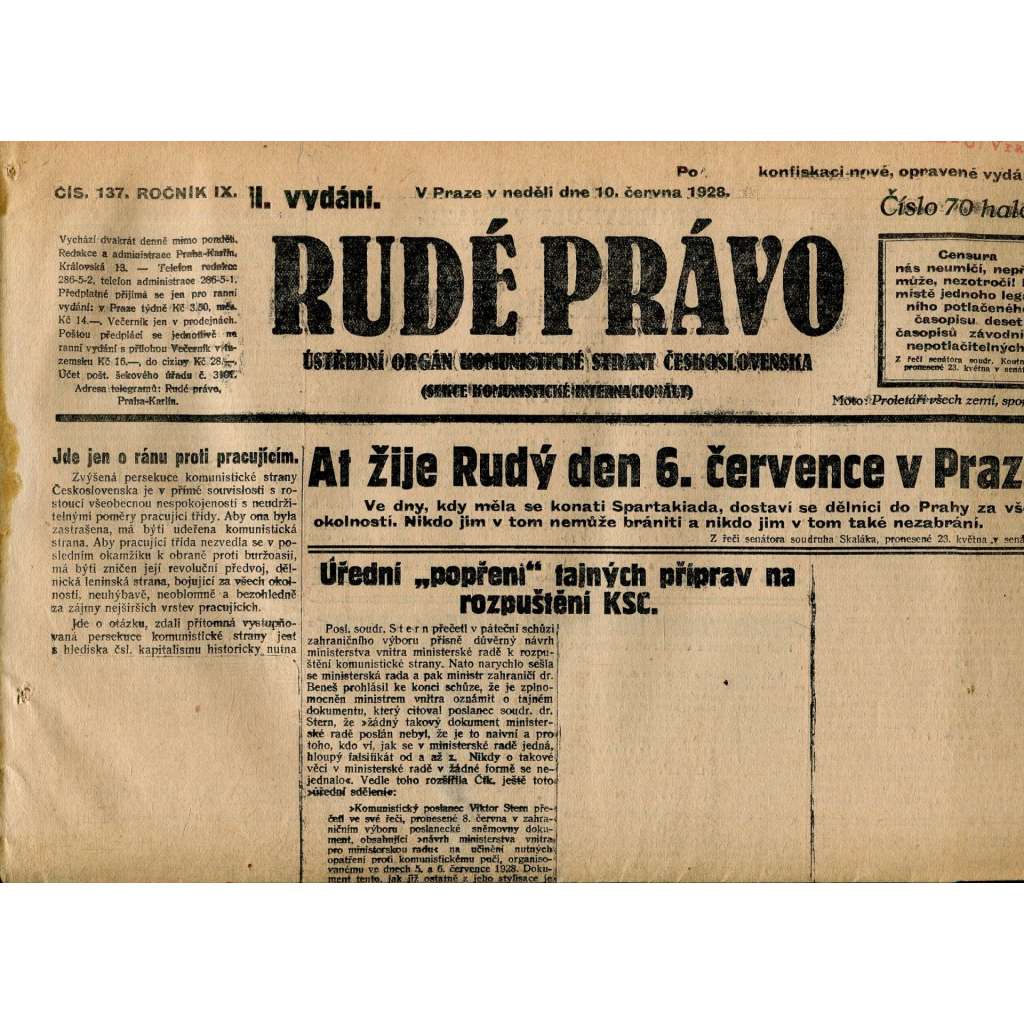 Rudé právo, ročník IX., číslo 137/1928 (1. republika, staré noviny)