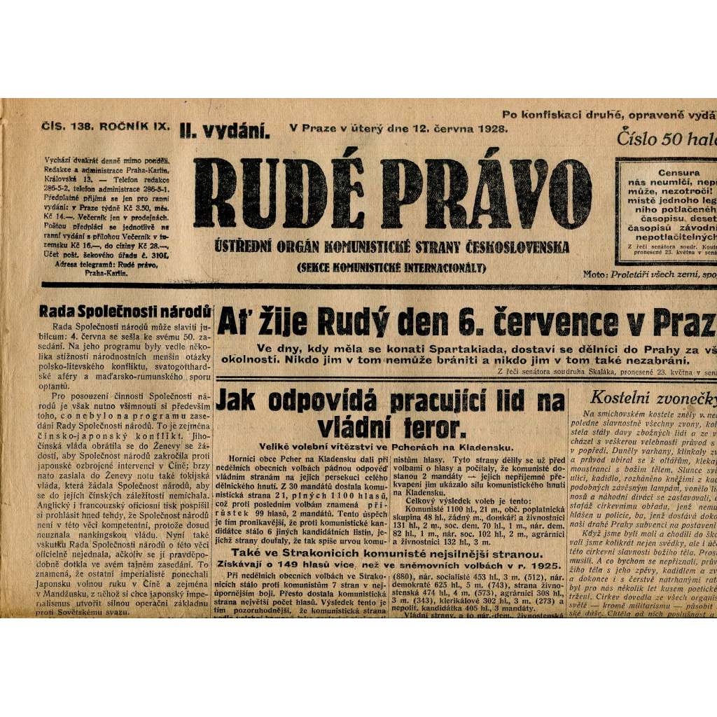 Rudé právo, ročník IX., číslo 138/1928 (1. republika, staré noviny)