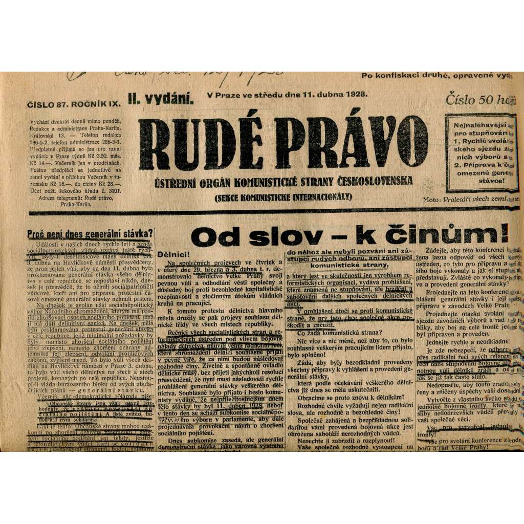 Rudé právo, ročník IX., číslo 87/1928 (1. republika, staré noviny)