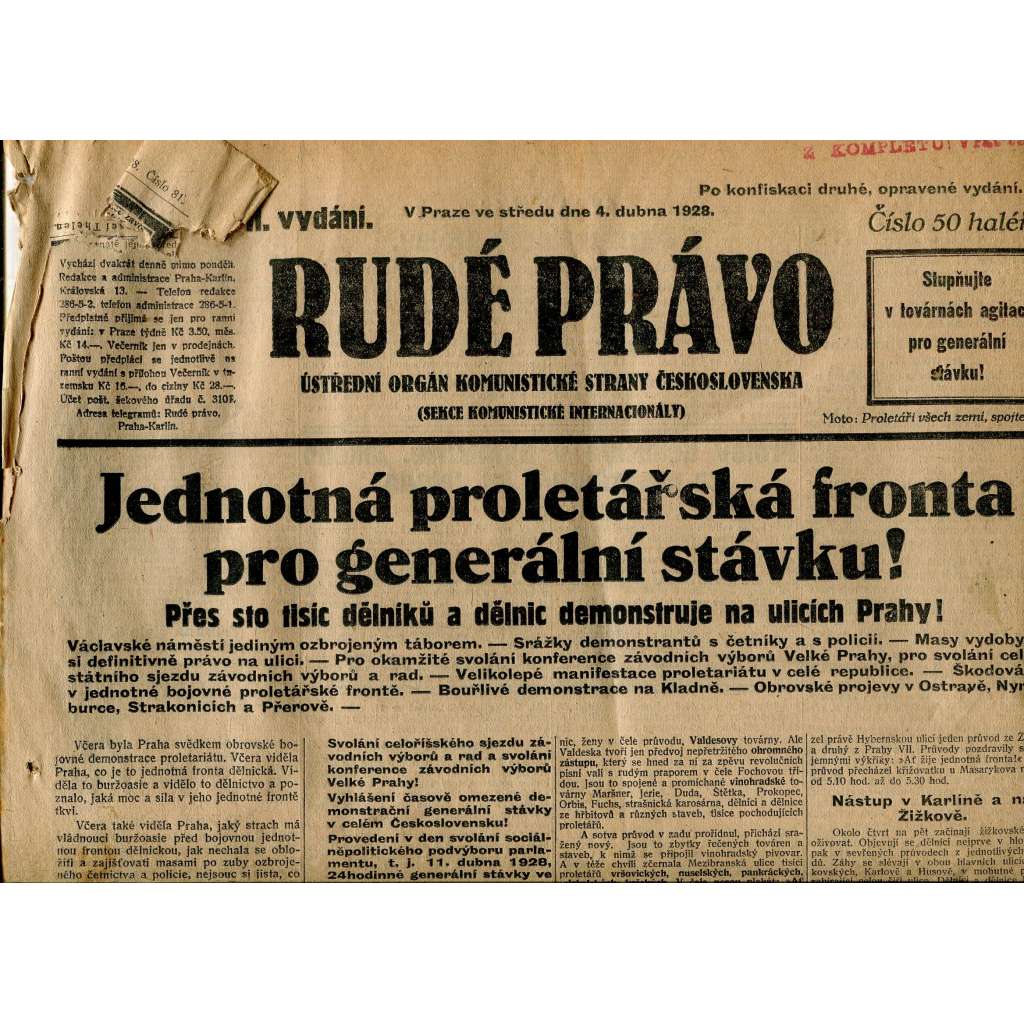 Rudé právo, ročník IX., číslo 81/1928 (1. republika, staré noviny) - pošk.