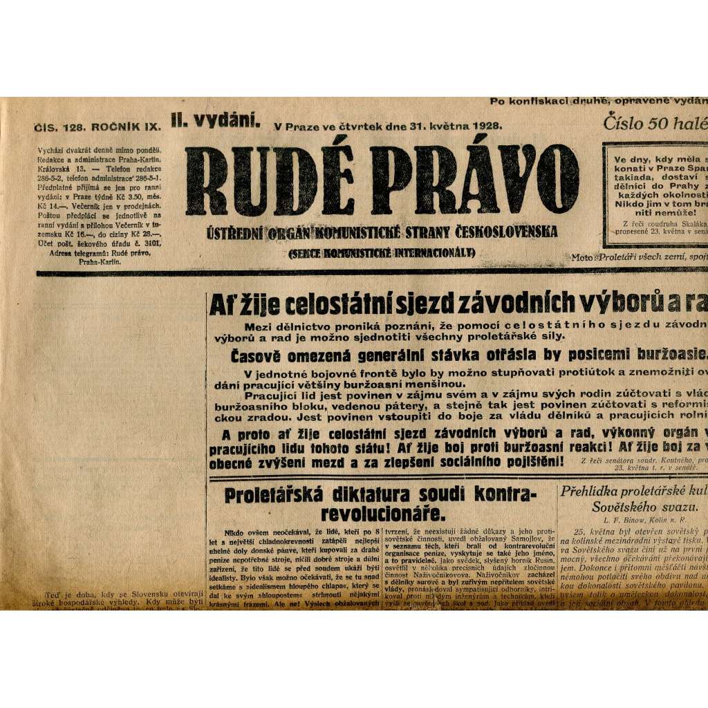 Rudé právo, ročník IX., číslo 128/1928 (1. republika, staré noviny)