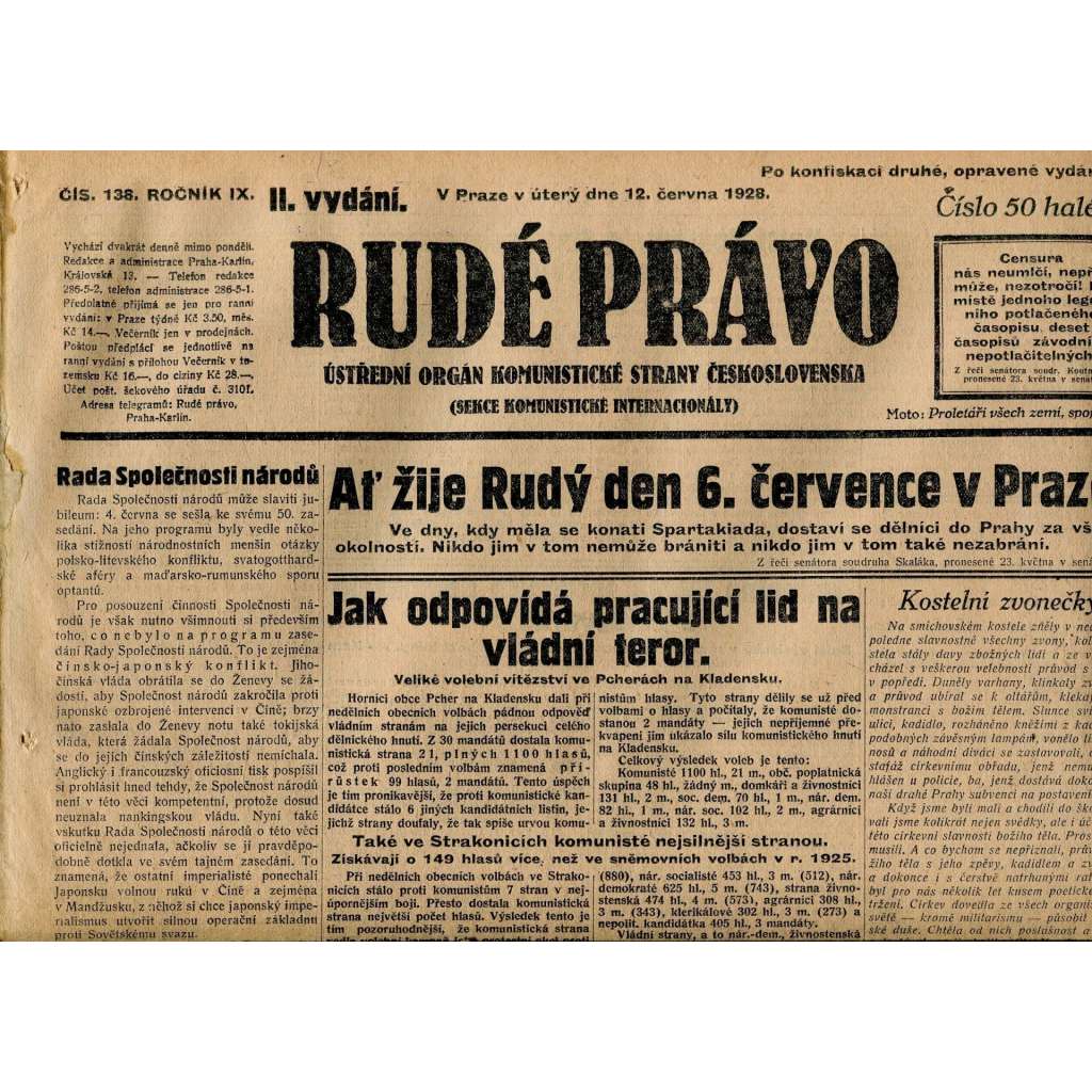 Rudé právo, ročník IX., číslo 138/1928 (1. republika, staré noviny)