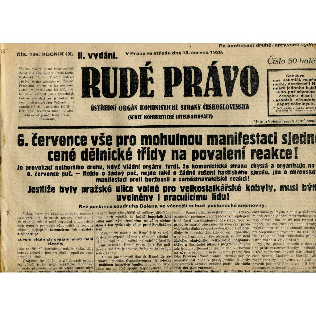 Rudé právo, ročník IX., číslo 139/1928 (1. republika, staré noviny)