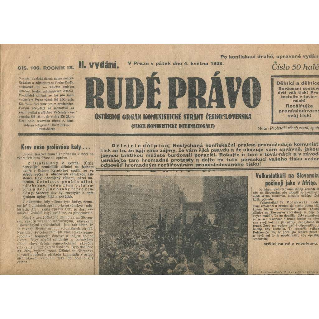 Rudé právo, ročník IX., číslo 106/1928 (1. republika, staré noviny) není kompletní
