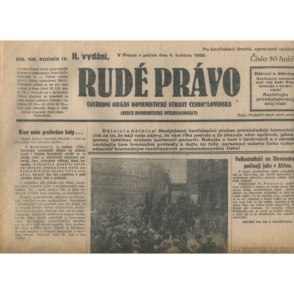 Rudé právo, ročník IX., číslo 106/1928 (1. republika, staré noviny)