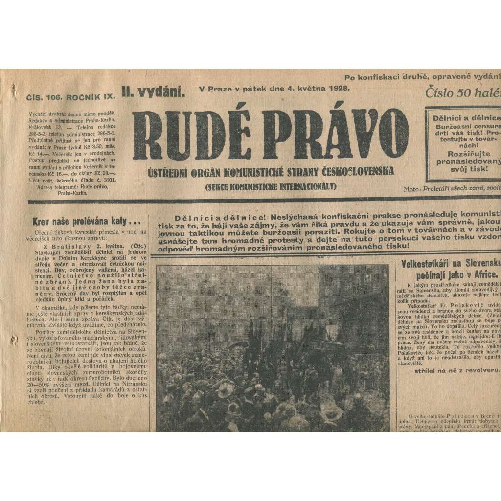 Rudé právo, ročník IX., číslo 106/1928 (1. republika, staré noviny)