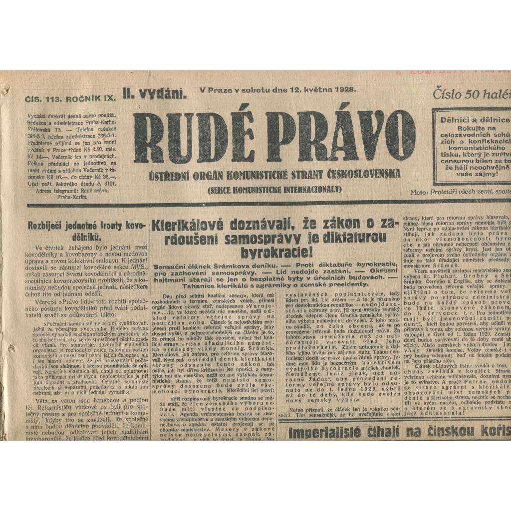 Rudé právo, ročník IX., číslo 113/1928 (1. republika, staré noviny)