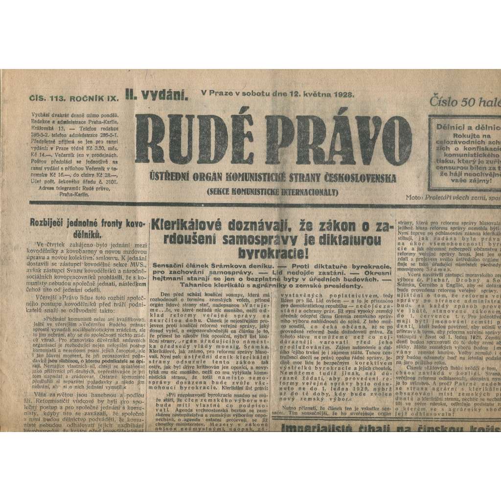Rudé právo, ročník IX., číslo 113/1928 (1. republika, staré noviny)