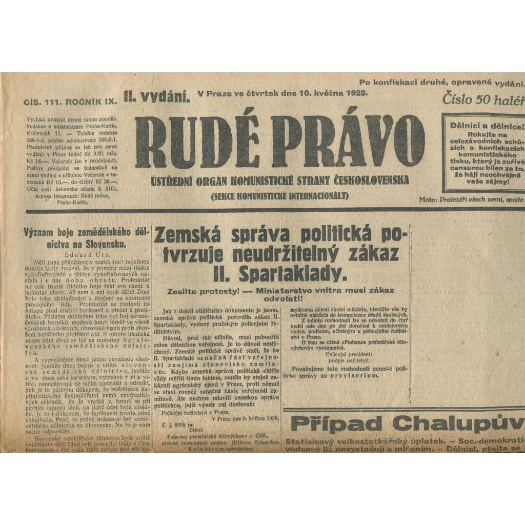 Rudé právo, ročník IX., číslo 111/1928 (1. republika, staré noviny)