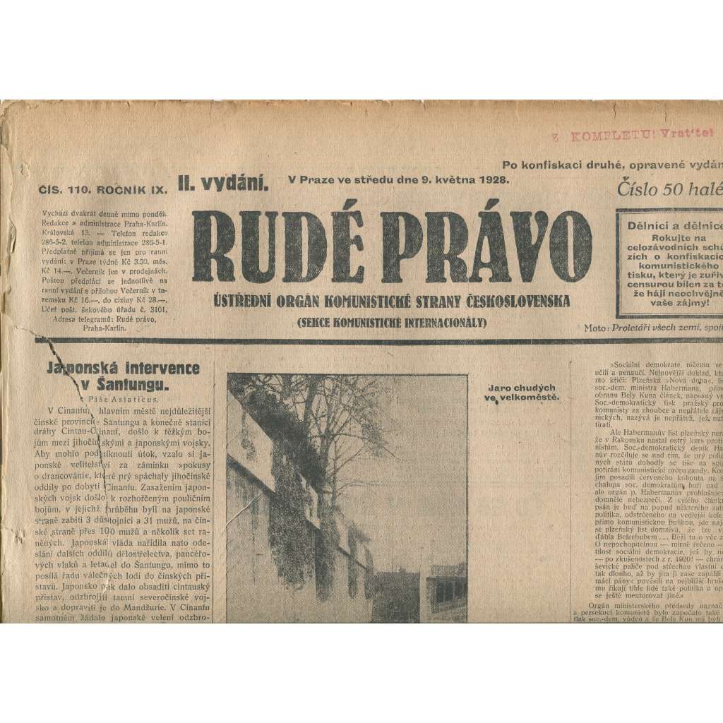 Rudé právo, ročník IX., číslo 110/1928 (1. republika, staré noviny)