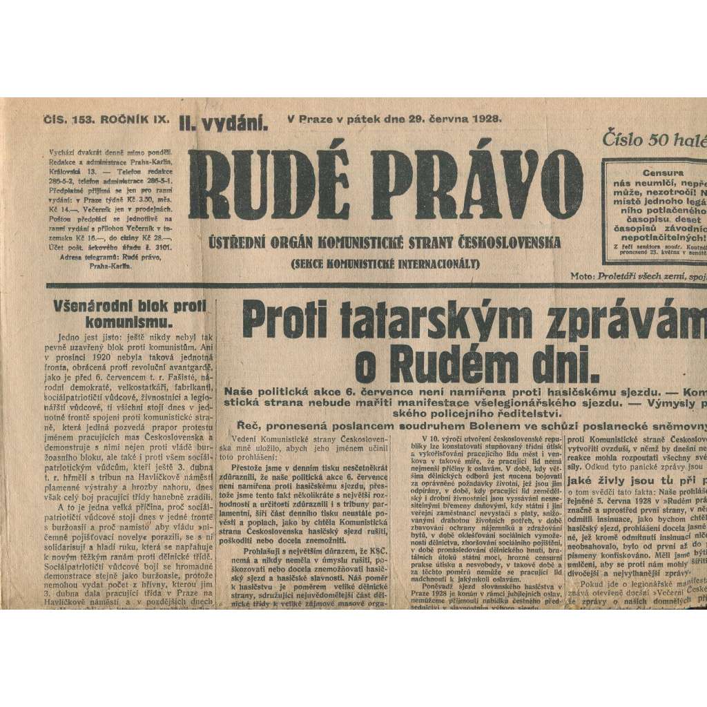 Rudé právo, ročník IX., číslo 153/1928 (1. republika, staré noviny) - není kompletní