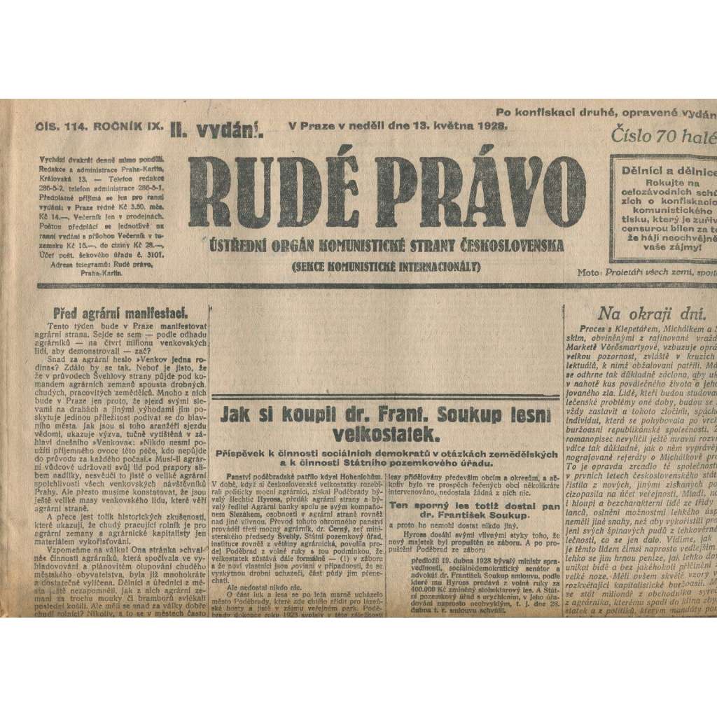 Rudé právo, ročník IX., číslo 114/1928 (1. republika, staré noviny)