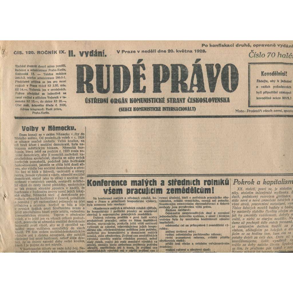 Rudé právo, ročník IX., číslo 120/1928 (1. republika, staré noviny)