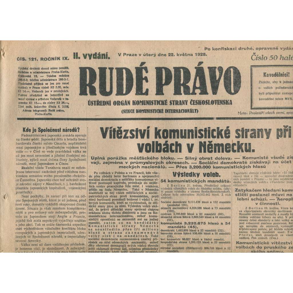 Rudé právo, ročník IX., číslo 121/1928 (1. republika, staré noviny)