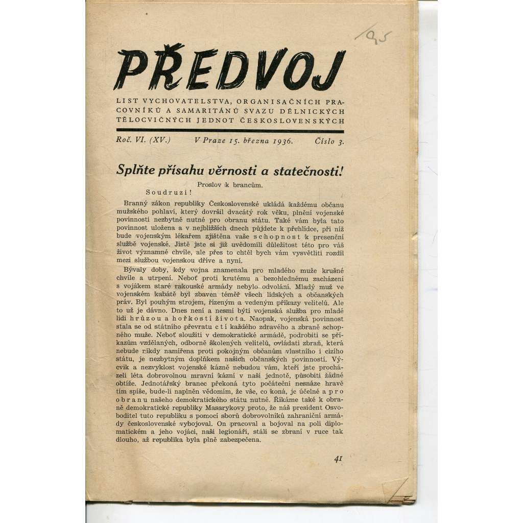 Předvoj, ročník VI., číslo 3/1936 (Dělnická mládež) - časopis, noviny,1. republika