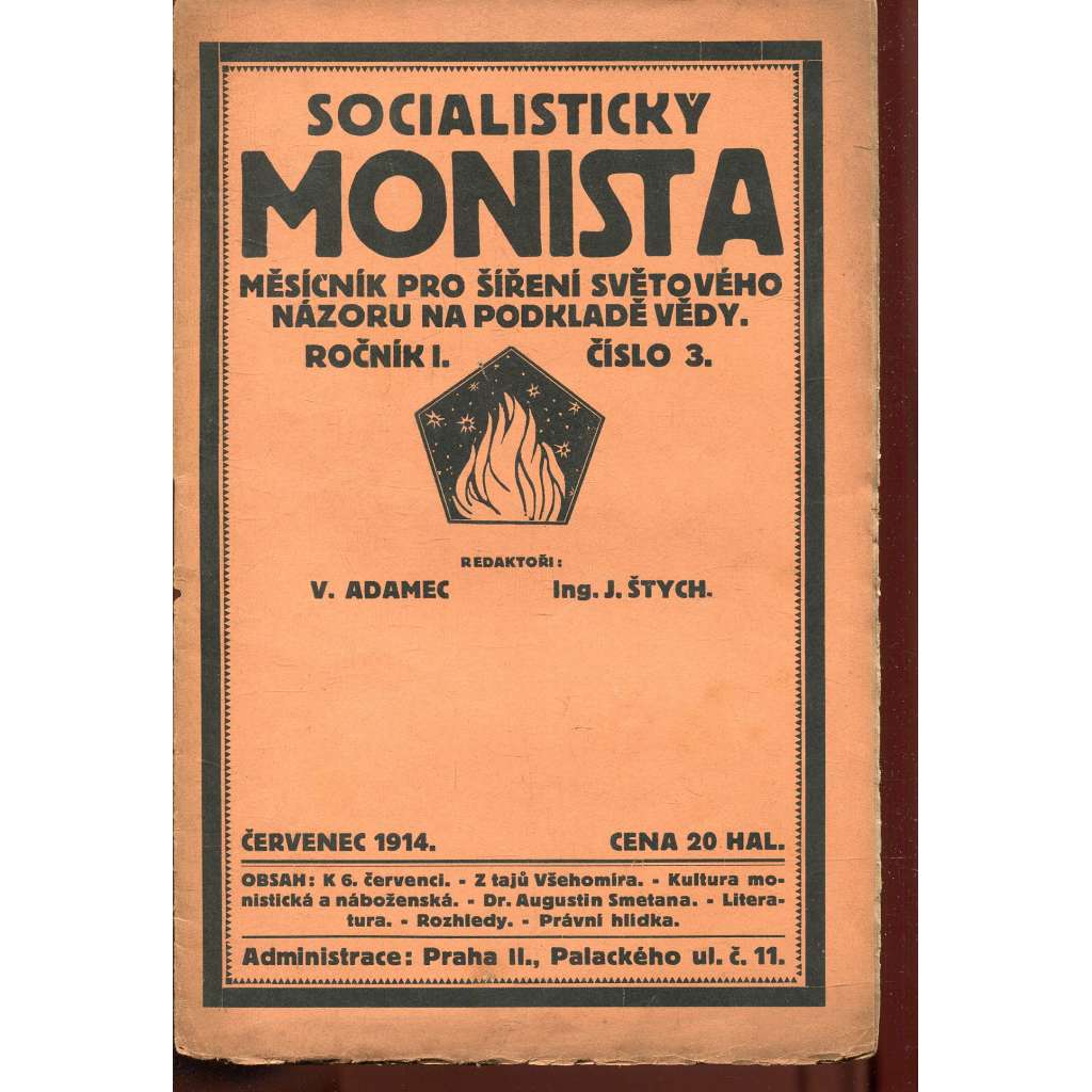 Socialistický monista, ročník I., číslo 3/1914. Měsíčník pro šíření světového názoru na podkladě vědy (časopis, noviny)