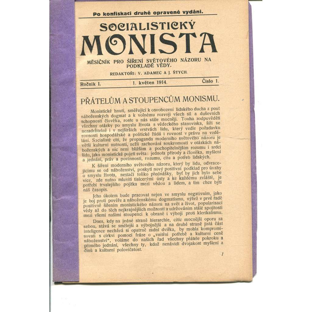 Socialistický monista, ročník I., číslo 1/1914. Měsíčník pro šíření světového názoru na podkladě vědy (časopis, noviny)
