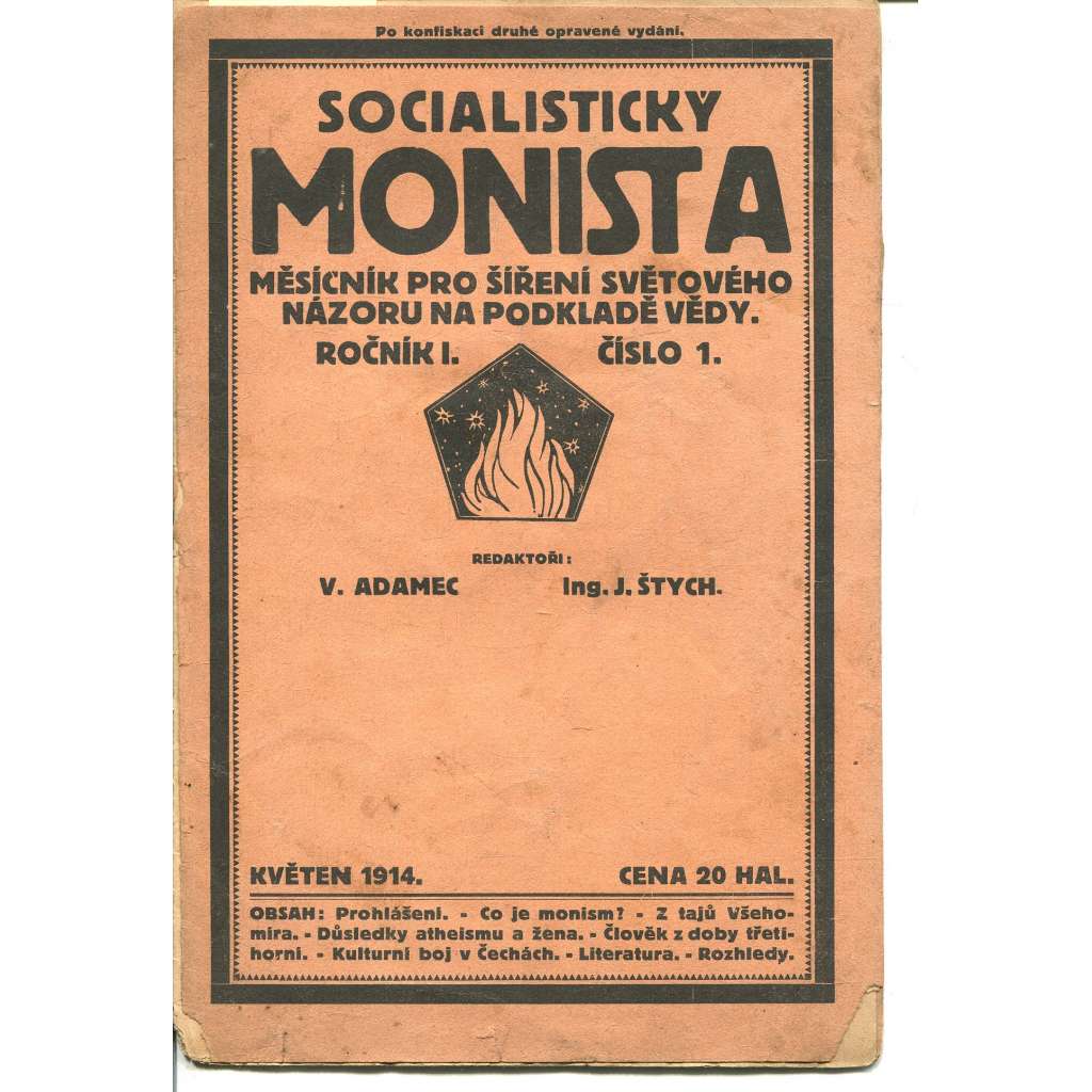 Socialistický monista, ročník I., číslo 1/1914. Měsíčník pro šíření světového názoru na podkladě vědy (časopis, noviny)