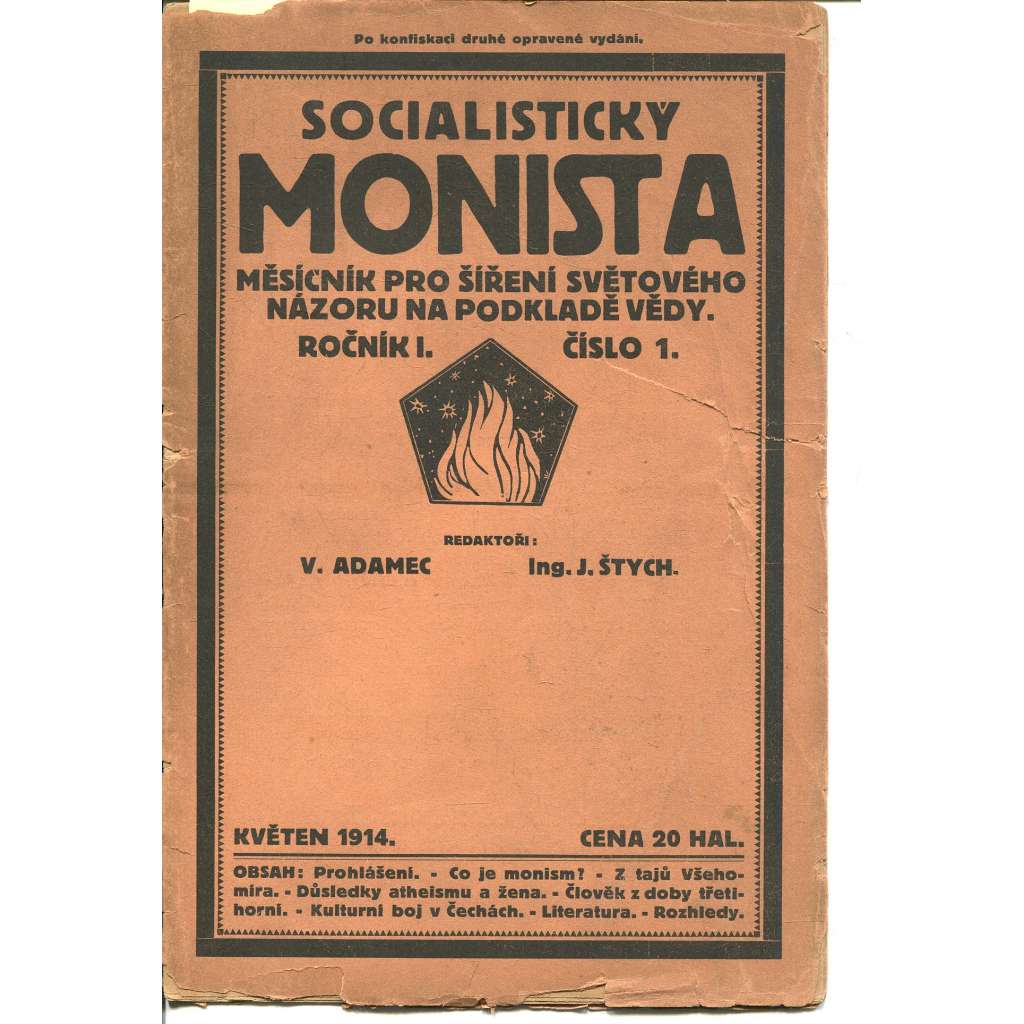 Socialistický monista, ročník I., číslo 1/1914. Měsíčník pro šíření světového názoru na podkladě vědy (časopis, noviny)