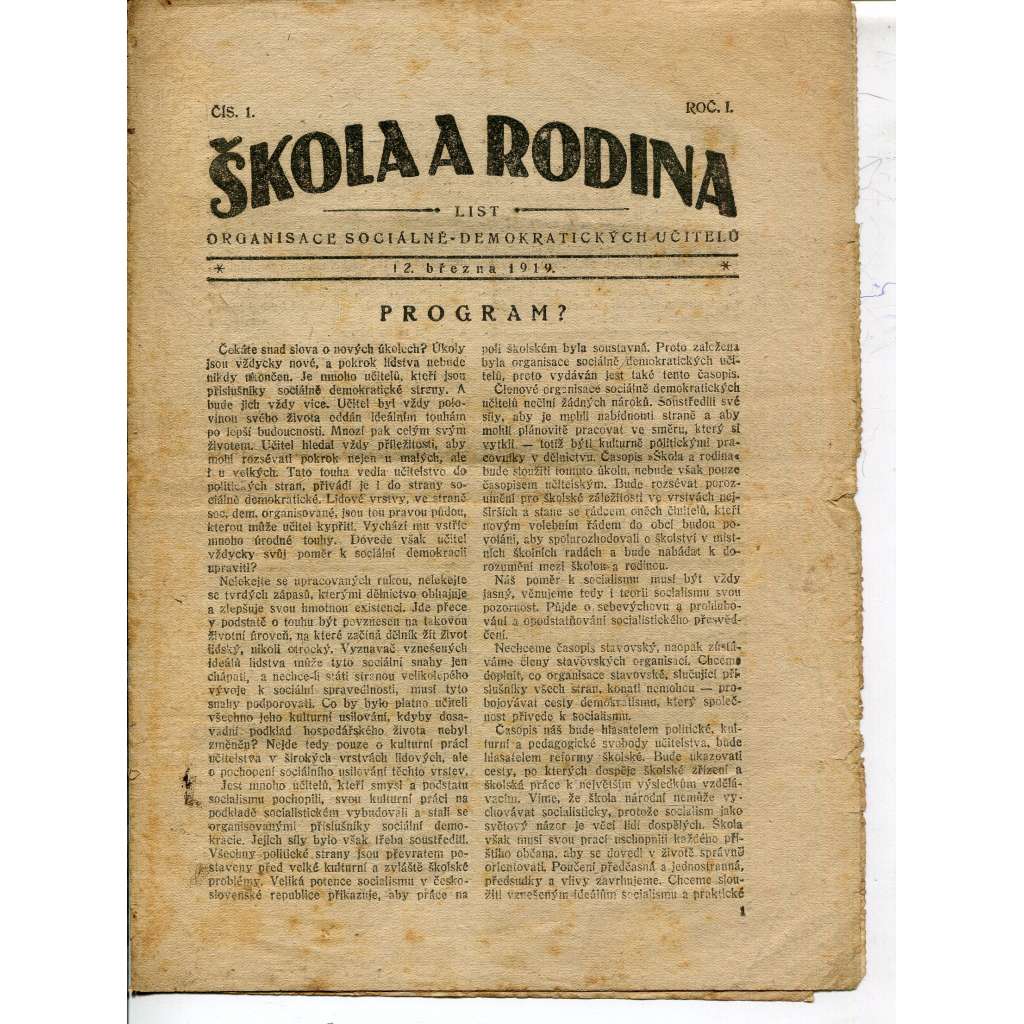 Škola a rodina, ročník I., číslo 1./1919. List organisace sociálně-demokratických učitelů (noviny, časopis, 1. republika)
