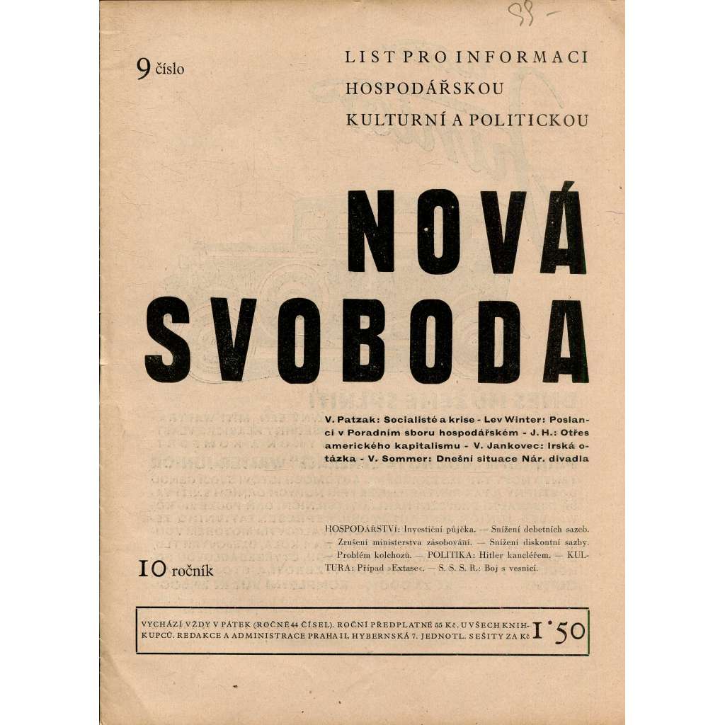 Nová svoboda, ročník 10, číslo 9/1933. List pro informaci hospodářskou, kulturní a politickou (noviny, časopis)