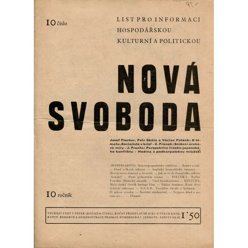 Nová svoboda, ročník 10, číslo 10/1933. List pro informaci hospodářskou, kulturní a politickou (noviny, časopis)
