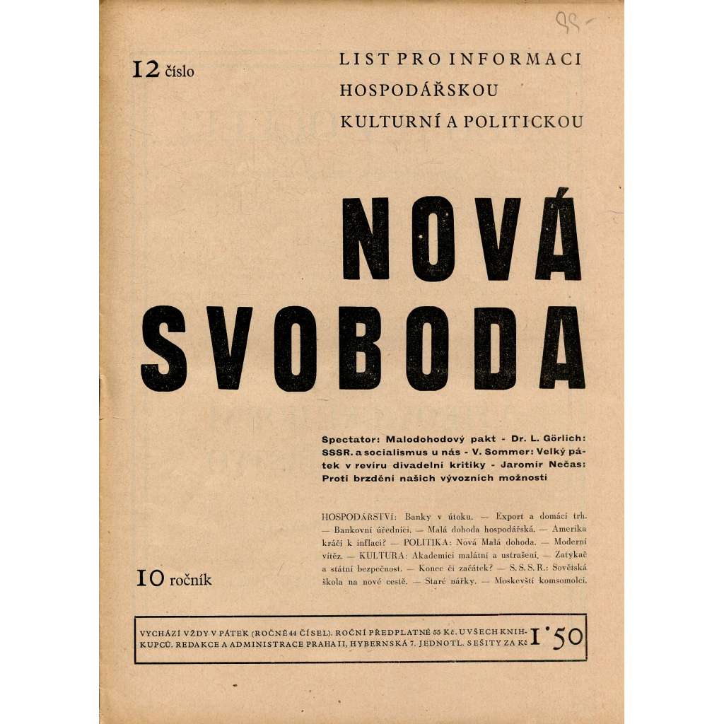 Nová svoboda, ročník 10, číslo 12/1933. List pro informaci hospodářskou, kulturní a politickou (noviny, časopis)
