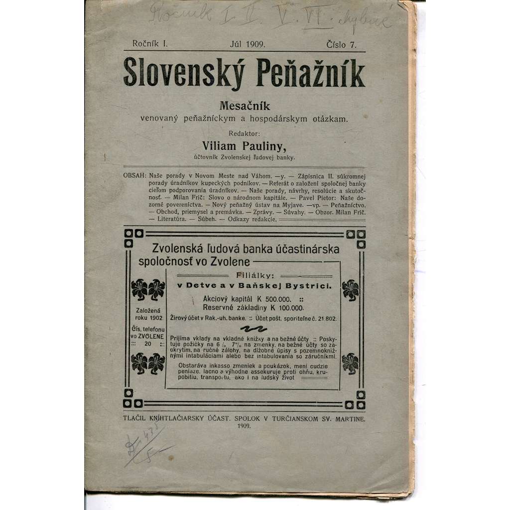 Slovenský Peňažník, ročník I., číslo 7/1909 (text slovensky, časopis, noviny)