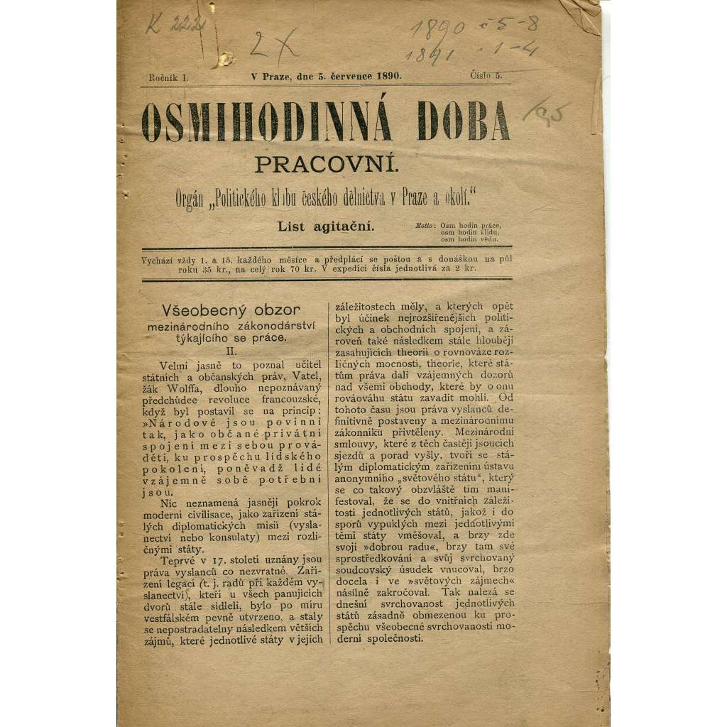 Osmihodinná doba pracovní, ročník I., číslo 5/1890. Orgán politického klubu českého dělnictva v Praze a okolí (časopis, noviny)