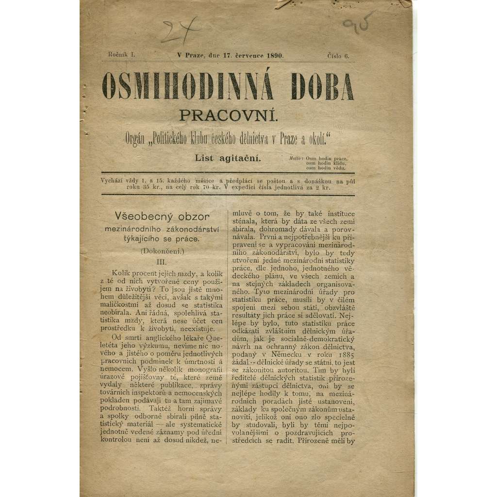 Osmihodinná doba pracovní, ročník I., číslo 6/1890. Orgán politického klubu českého dělnictva v Praze a okolí (časopis, noviny)