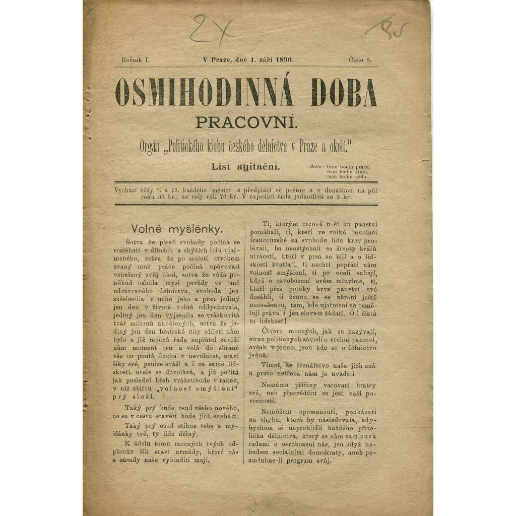 Osmihodinná doba pracovní, ročník I., číslo 8/1890. Orgán politického klubu českého dělnictva v Praze a okolí (časopis, noviny)